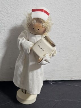 Vintage Handmade Nurse Figurine Holding 'Aspirin' Jar - White and Red
